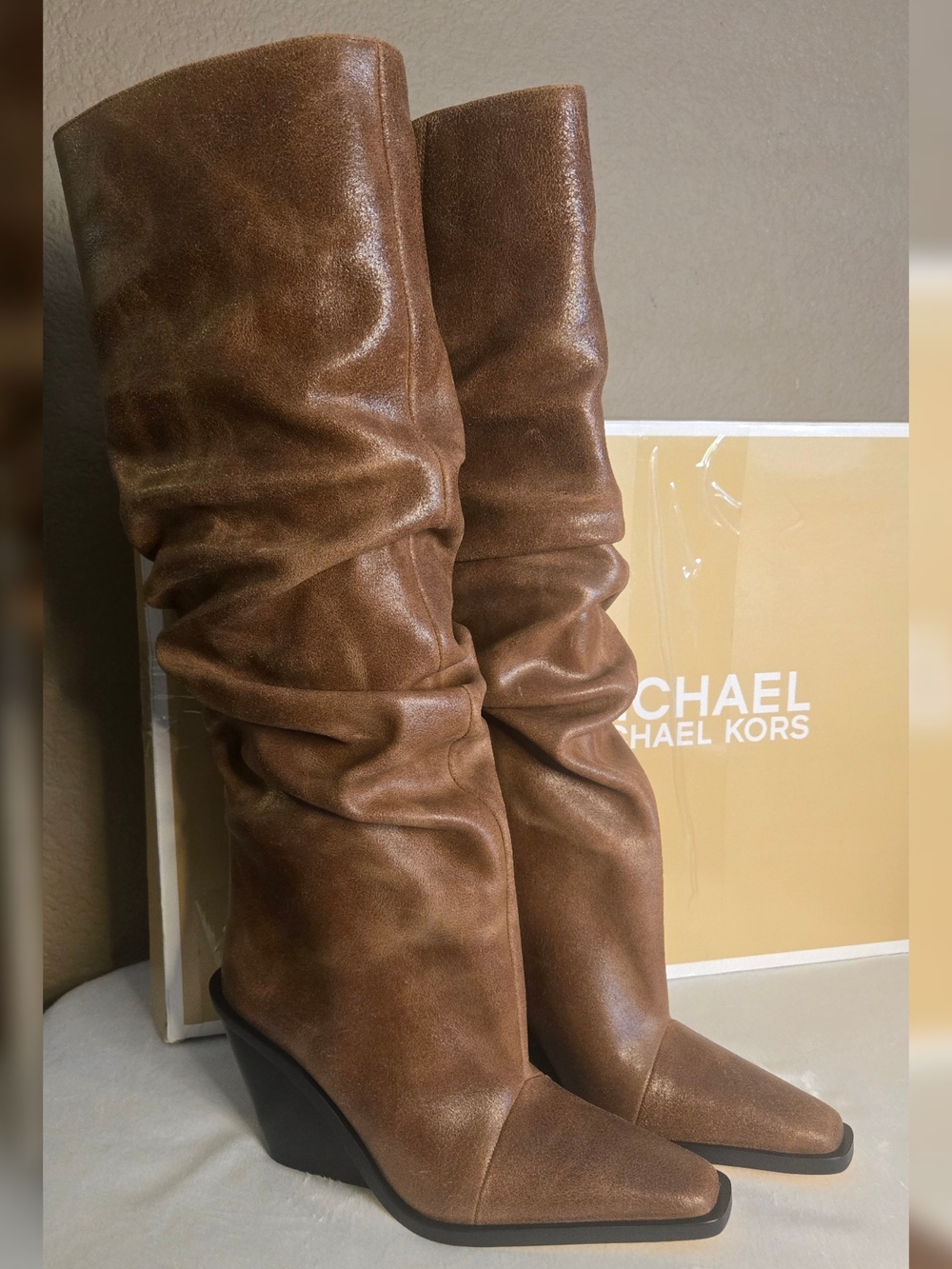 Noemie Distressed Leather Slouchy Wedge Boots 7.5